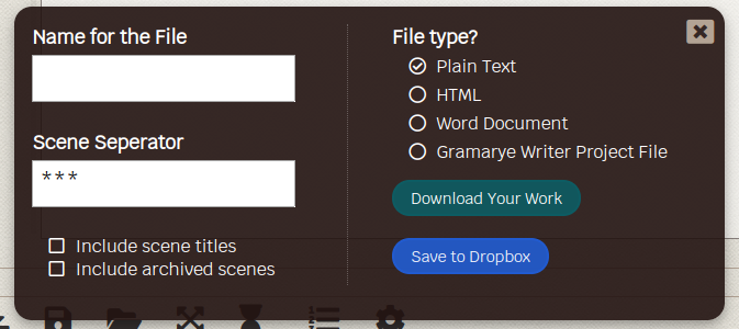 Gramarye Writer: Download project box